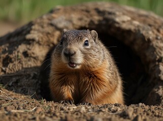 Groundhog coming out of its burrow.