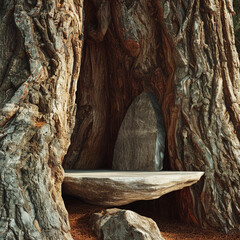 A stone display nestled in the crook of a giant tree, with the bark's texture and the tree's canopy...