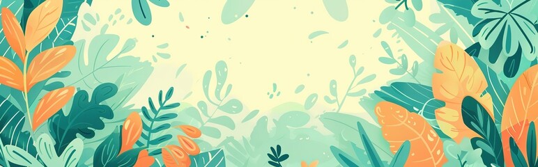 happy tropical green shrub garden cartoonish minimal banner print design, with blank empty space for mock up message background	
