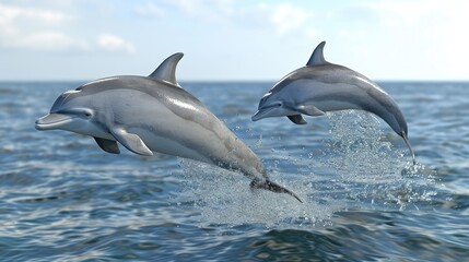Fototapeta premium Two dolphins gracefully leaping above the ocean surface, creating a dynamic display of agility and playfulness against a blue sea backdrop.