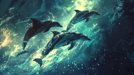 Surreal and artistic depiction of dolphins gliding through a cosmic sea, blending oceanic beauty with a fantastical starry background.