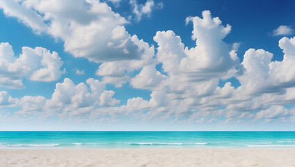 Fototapeta premium A beautiful beach and a clear blue sky. The sky is filled with clouds, giving the scene a serene and peaceful atmosphere