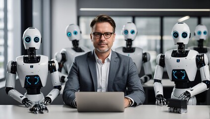 A man sits at a desk with a laptop and three robots. The robots are all white and have blue eyes. The man is wearing a suit and glasses. The scene seems to be about technology or robotics