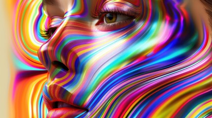 Vibrant and psychedelic digital art featuring a human face painted in multi-colored waves, symbolizing creativity and emotion.