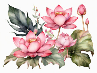 watercolor botanical illustration tropical flowers pink oriental lotus exotic floral arrangement...