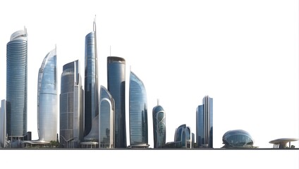 A city skyline with tall buildings and a white background. The buildings are all made of glass and are very tall. The city appears to be very modern and sleek