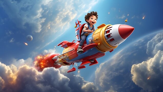 A boy is riding a rocket in the sky. The rocket is blue and red - Powered by Adobe