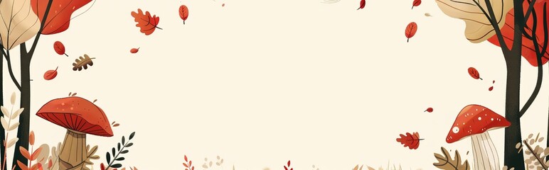 Obraz premium autumn foliage forest outdoor park background, cartoonish minimal banner print design, with blank empty space for mock up message background