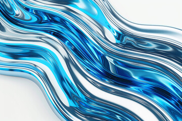 A tiddle wavy abstract background with electric blue and metallic silver swirls on a solid white background, resembling the texture of flowing water and reflective metal.