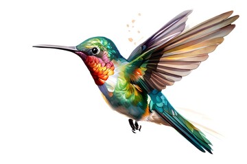 a watercolor depicting a hummingbird in flight with paint splatters on the backs of the bird's wings and a flower in the foreground.
