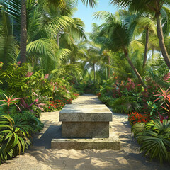 A square stone pedestal on a sandy path, with palm trees and tropical flowers on either side. The...