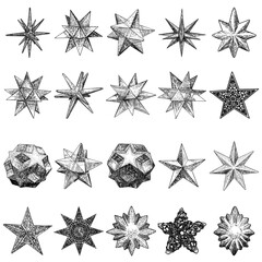 Set of decorative pointy star balls in hand drawn style. Abstract occult magic balls or mysterious fortune reader orbs, 3d sphere crystals. Different stars. Vector.