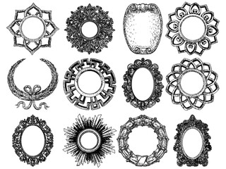 Set of circular round and oval floral mandala frames, vintage decorative Baroque ornament elements. Stone carving marble stone frames. Vector.