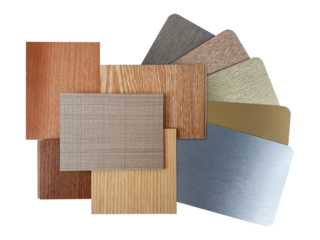 combination of various texture and colors of wooden veneer and stainless metallic samples isolated on background with clipping path. interior mood and tone board for selection.