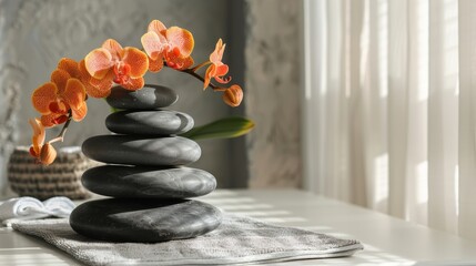Warm light cascades over vibrant orange orchids and smooth spa stones, creating a serene and...