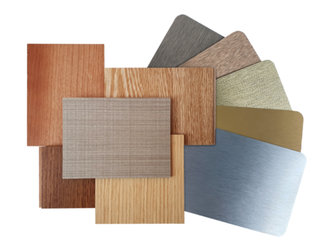 combination of various texture and colors of wooden veneer and stainless metallic samples isolated on background with clipping path. interior mood and tone board for selection.