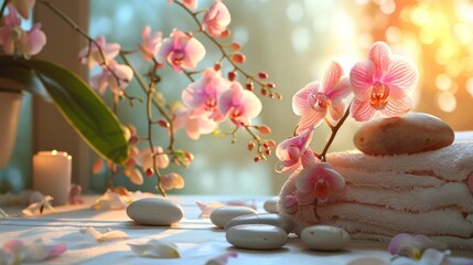 Serene spa setting with pink orchids and candles, capturing a peaceful ambiance for relaxation and wellness