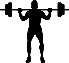 Sport bodybuilding man silhouette PNG with barbell flexing muscles and making shoulder press squat in gym vector silhouette. Weightlifter man, bodybuilder training. Personal trainer workout. Fit man