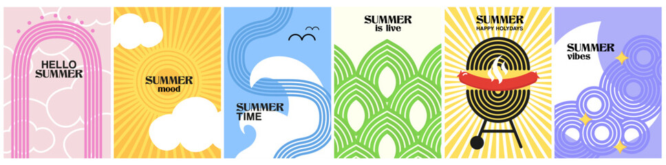 set summer abstract posters in minimal style. retro design wavy, sunny covers