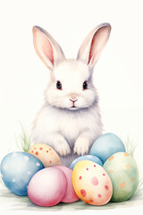 Easter bunny with eggs on white background. Watercolor illustration