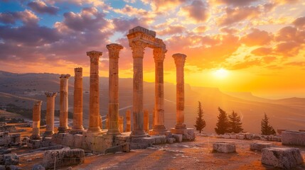 ancient columns of the old buildings of a Roman metropolis at sunset in high resolution and quality. concept antiques, rome, jordan, colosseum