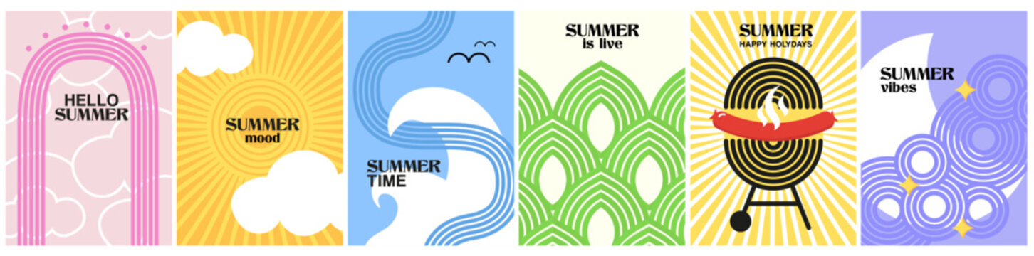 set summer abstract posters in minimal style. retro design wavy, sunny covers