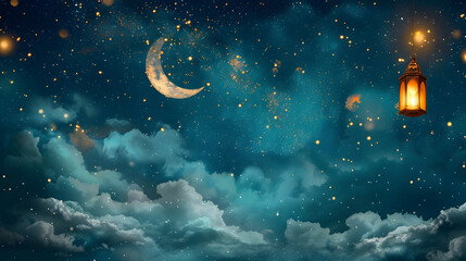 A crescent moon and lantern hanging in the sky with clouds