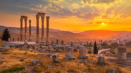Obraz premium ancient columns of the old buildings of a Roman metropolis at sunset in high resolution and quality. antiquities concept, rome, jordan, colosseum, sunset, buildings