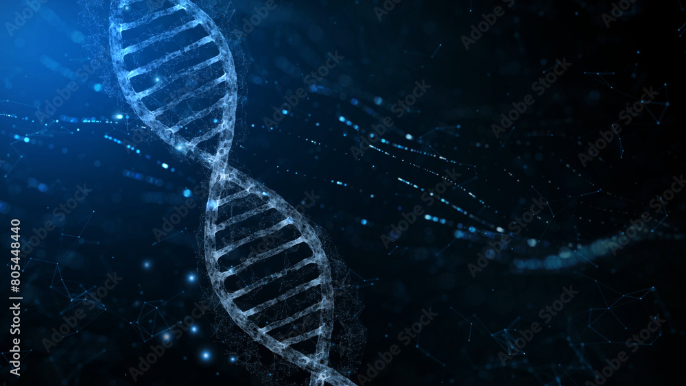 Poster shiny 3d dna structure chain double helix with wavy abstract copy space illustration background.