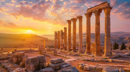 Fototapeta premium ancient columns of the old buildings of a Roman metropolis at sunset in high resolution and quality. antiquities concept, rome, jordan, colosseum, sunset, buildings, italy