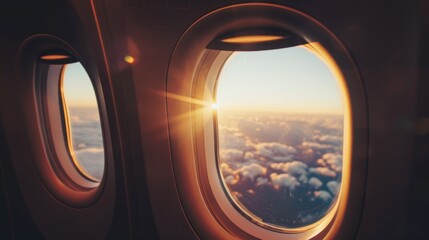 Airplane window. Beautiful view of sky and clouds through the aircraft window. Concept of travel and air transportation