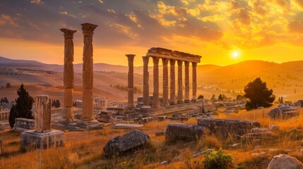ancient columns of the old buildings of a Roman metropolis at sunset in high resolution and quality. antiquities concept, rome, jordan, colosseum, sunset, buildings, italy