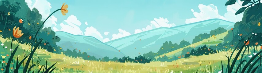 beautiful grass field with mountain and blue sky cartoonish minimal banner print design, with blank empty space for mock up message background	
