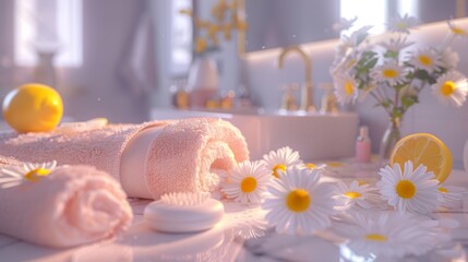 Elegant spa setting with soft pink towels, delicate flowers, and smooth stones, creating a peaceful and soothing ambiance