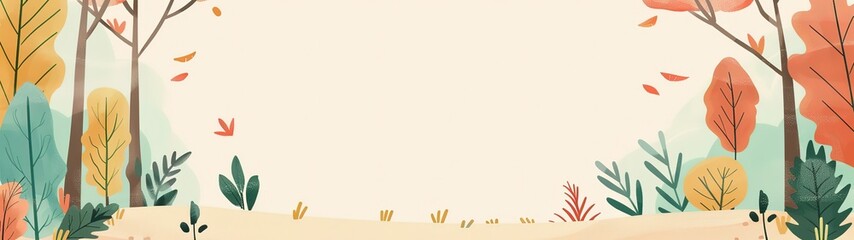 autumn foliage forest outdoor park background,  cartoonish minimal banner print design, with blank empty space for mock up message background