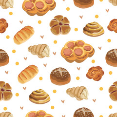 Baked bread seamless pattern background.
