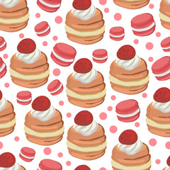 Strawberry macarons seamless pattern background.
