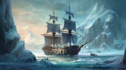 Obraz premium Arctic exploration with ship, sharp focus, intricate, diorama, omunious atmosphere,detailed illustration, beautiful color palette.