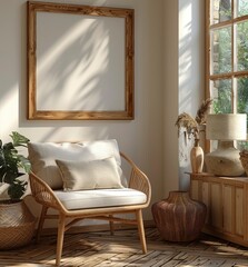 A wooden frame leaning against the wall next to an empty chair on parquet flooring, in the mockup style