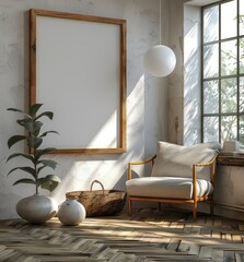 A wooden frame leaning against the wall next to an empty chair on parquet flooring, in the mockup style