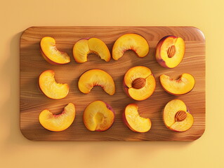 Sliced ​​peaches on a kitchen wooden board. Peaches slices