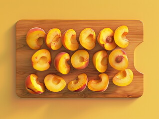 Sliced ​​peaches on a kitchen wooden board. Peaches slices