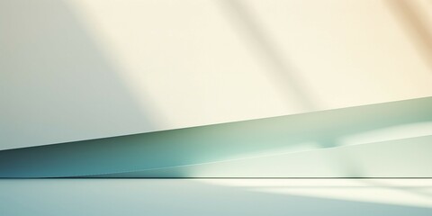 抽象背景横長バナー。陽光が差すミントグリーンとベージュの直線的な壁と平らな床がある空間