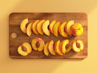 Sliced ​​peaches on a kitchen wooden board. Peaches slices