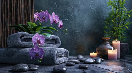 Tranquil spa setting with purple orchids, gray towels, and soothing candlelight on a textured stone surface - Powered by Adobe