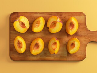 Sliced ​​peaches on a kitchen wooden board. Peaches slices