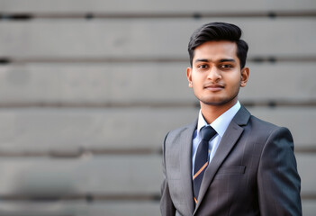 Indian young professional businessman in grey suit isolated copy space