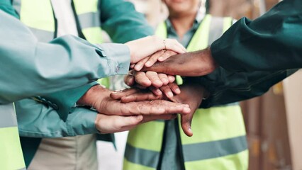 Group, people and construction in huddle with hands for meeting, strategy with support and trust. Team, goals and engineering with mission for work with architecture, collaboration and teamwork