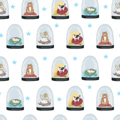 Snow globe with cat seamless pattern background.
