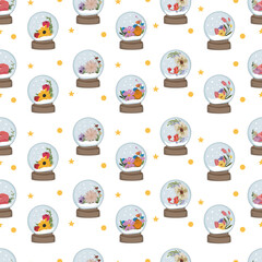 Snow globe with flower seamless pattern background.
